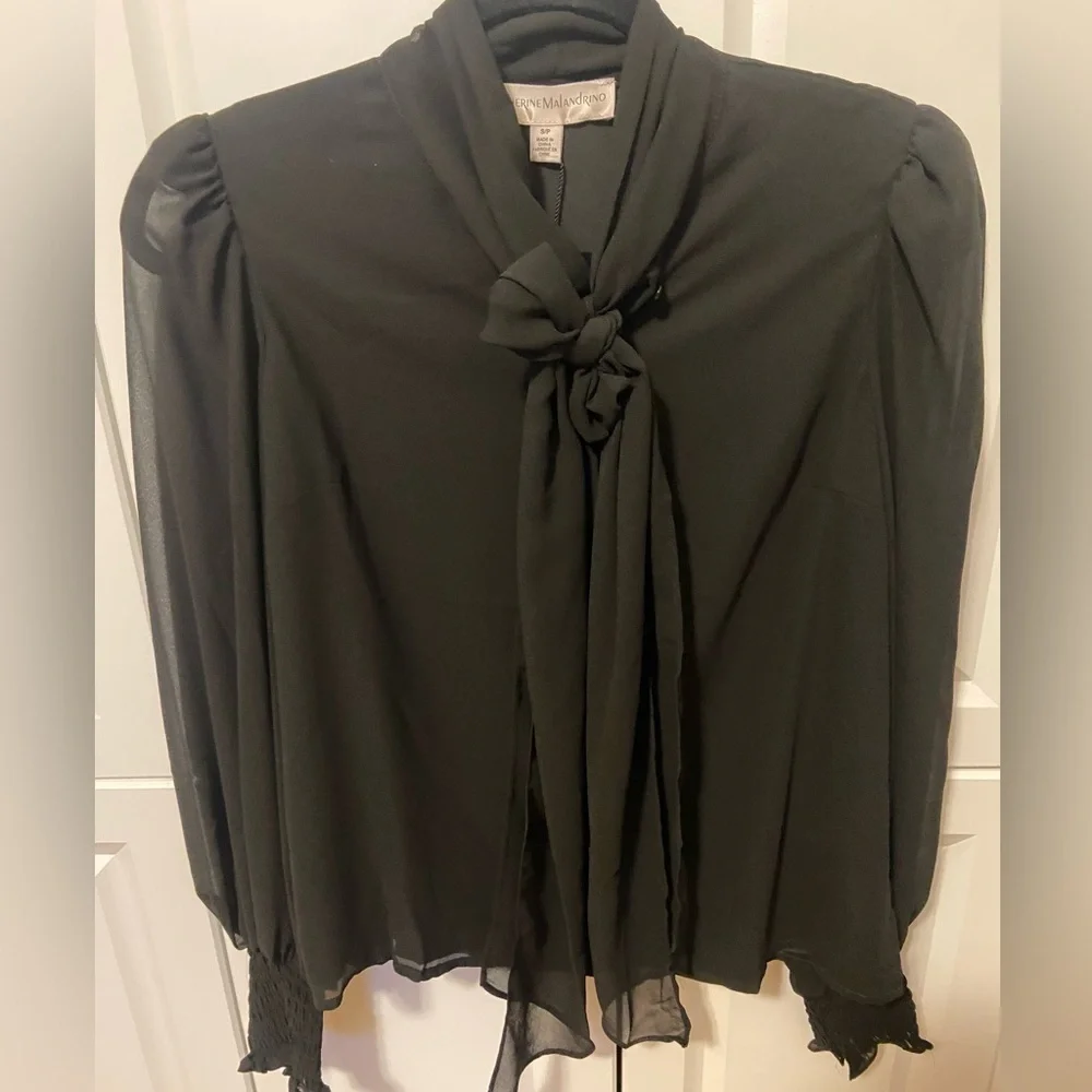 Catherine Malandrino Elegant Black Tie-Neck Blouse Sheer Sleeve Small - Picture 4 of 9